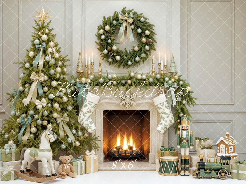Kate Christmas Tree Fireplace Wreath Green Ribbon Printed Backdrop Designed by Mini MakeBelieve