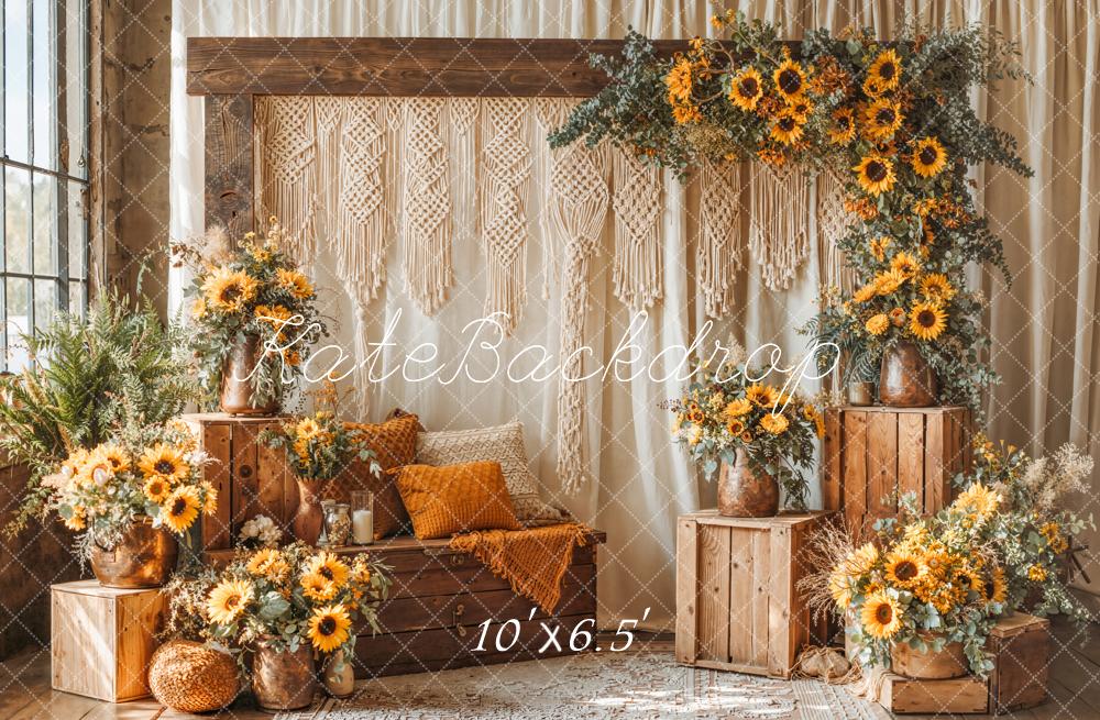 Kate Summer Boho Sunflower Flower Arch Wooden Crates Macrame Printed Backdrop Designed by Emetselch