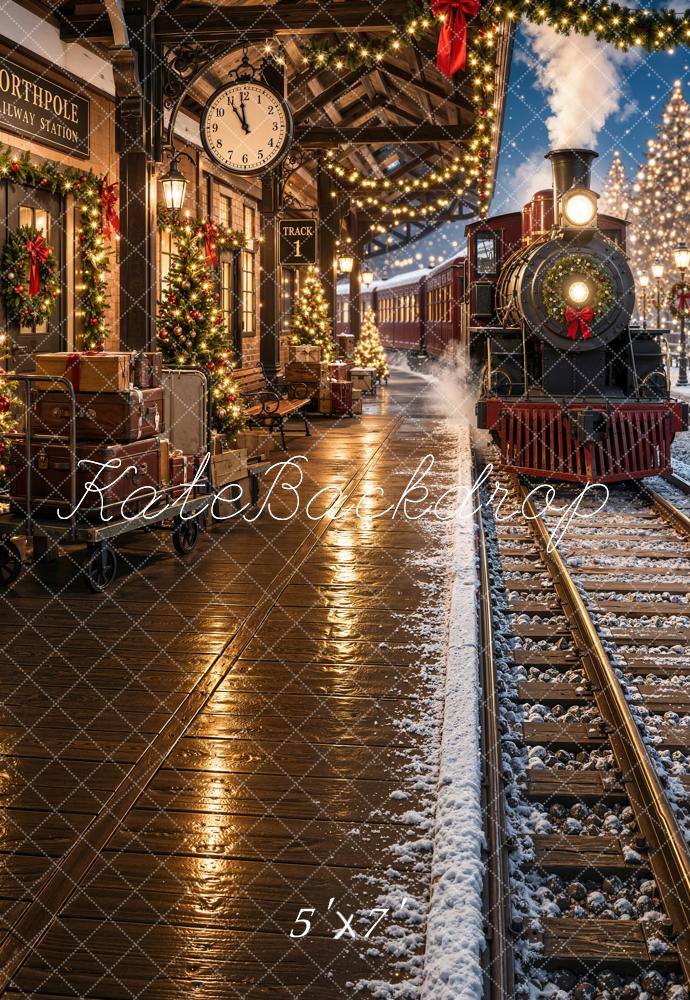 Kate Christmas Polar Train Railway Station Night Snowy Printed Backdrop Designed by Emetselch