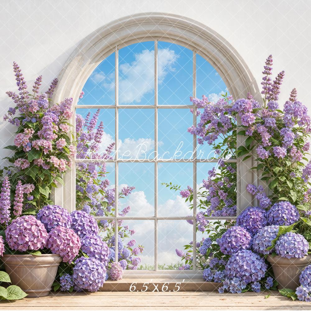 Kate Spring Purple Flower Arched Window Sky Backdrop Designed by Emetselch