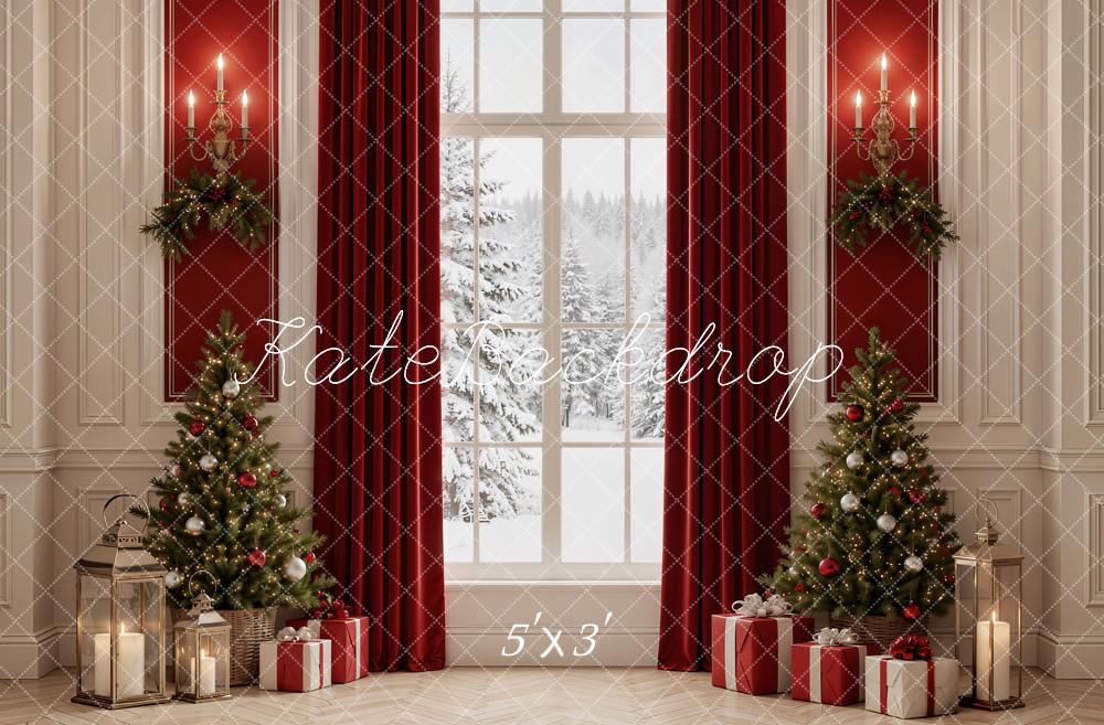 Kate Christmas Trees Red Curtains Snowy Window Printed Backdrop Designed by Emetselch