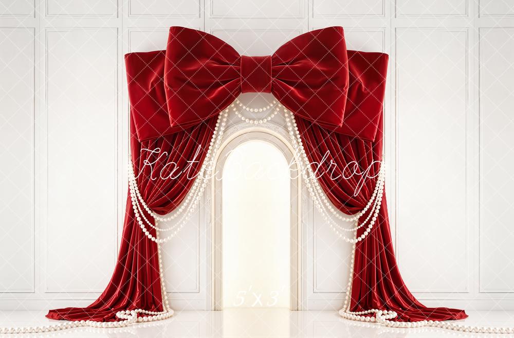Kate Red Bow Drapes Pearls Arch Wall Backdrop Designed by Emetselch