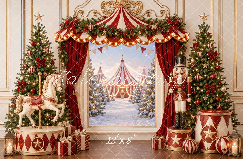 Kate Christmas Circus Carousel Trees Nutcracker Red Curtains Printed Backdrop Designed by Emetselch