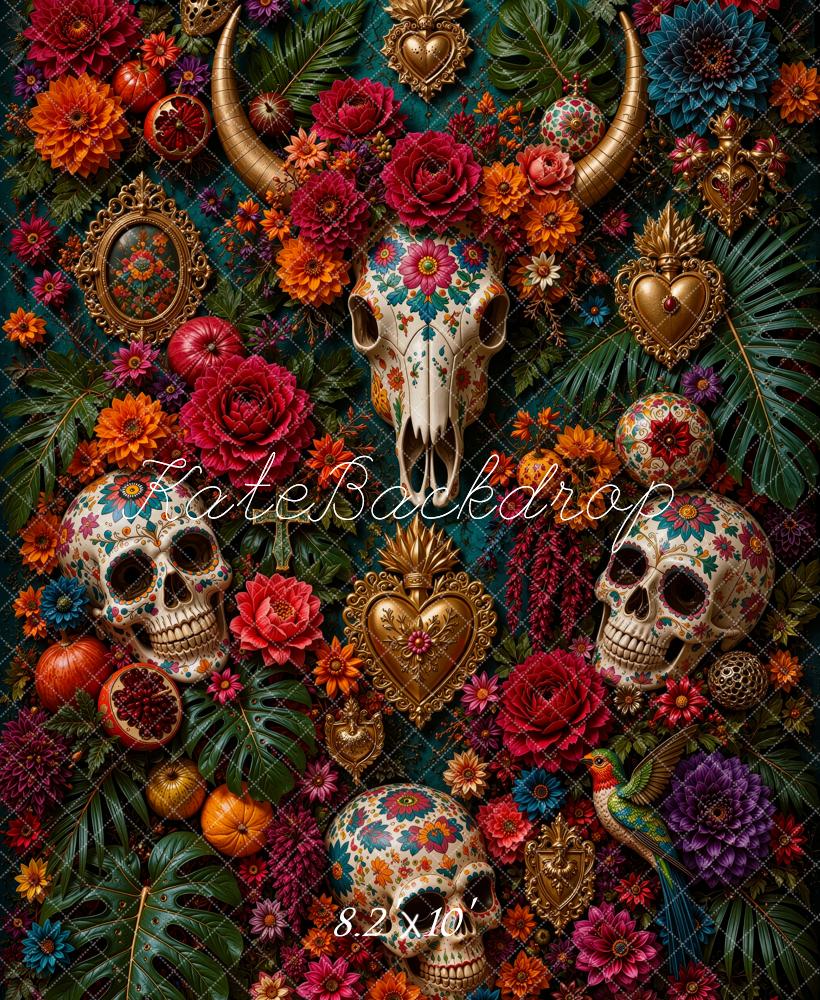 Kate Mexican Day Of The Dead Fine Art Skulls Floral Horns Printed Backdrop Designed by Ashley Ward