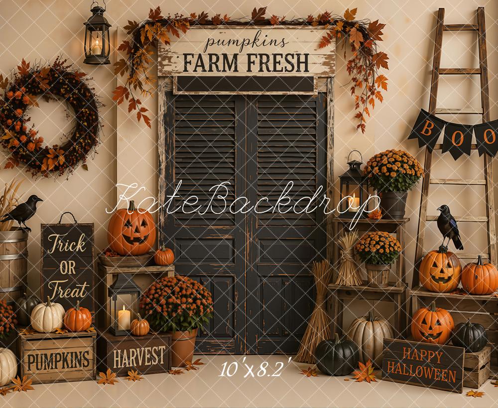 Kate Halloween Black Door Pumpkin Farm Harvest Ladder Printed Backdrop Designed by Emetselch