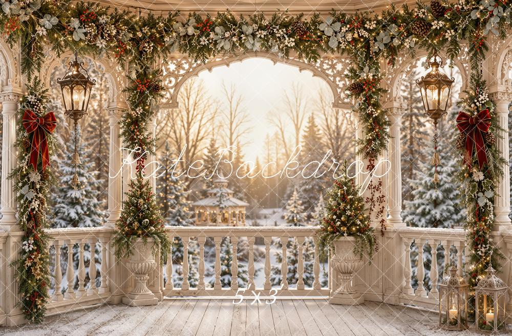 Kate Christmas Gazebo Garland Porch Snowy Trees Printed Backdrop Designed by Emetselch