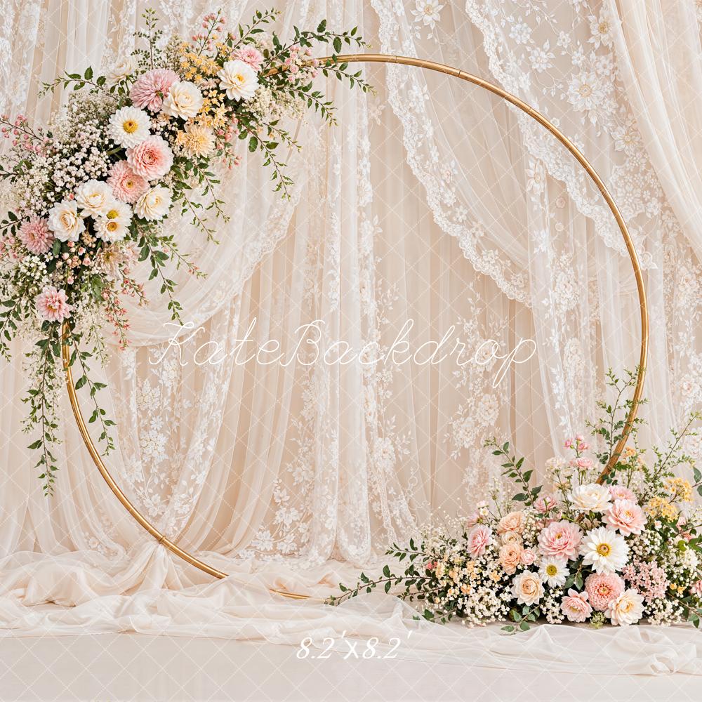 Kate Romantic Wedding Floral Hoop Lace Drapery Printed Backdrop Designed by Emetselch