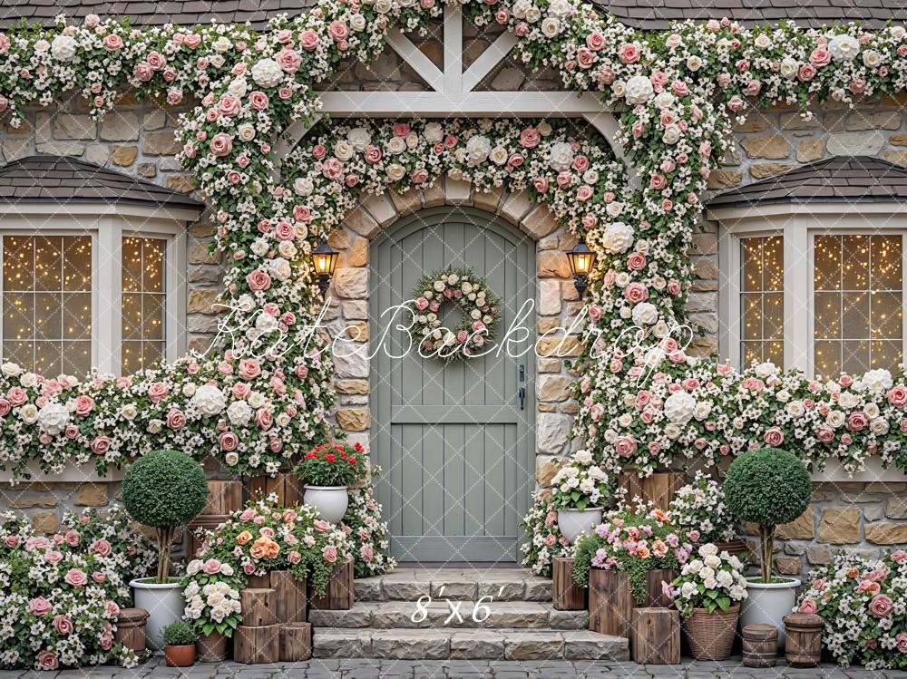 Kate Spring Flower Arch Stone Cottage Door Printed Backdrop Designed by Mini MakeBelieve