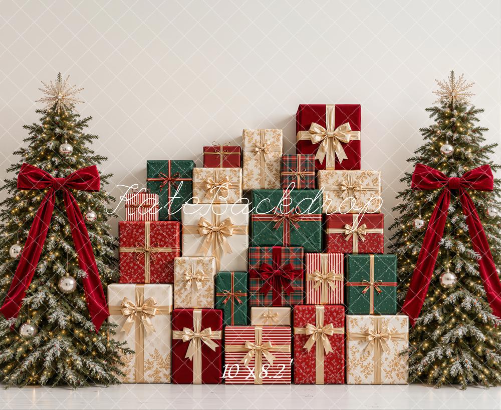 Kate Christmas Tartan Gift Boxes Trees Red Bow Printed Backdrop Designed by Emetselch