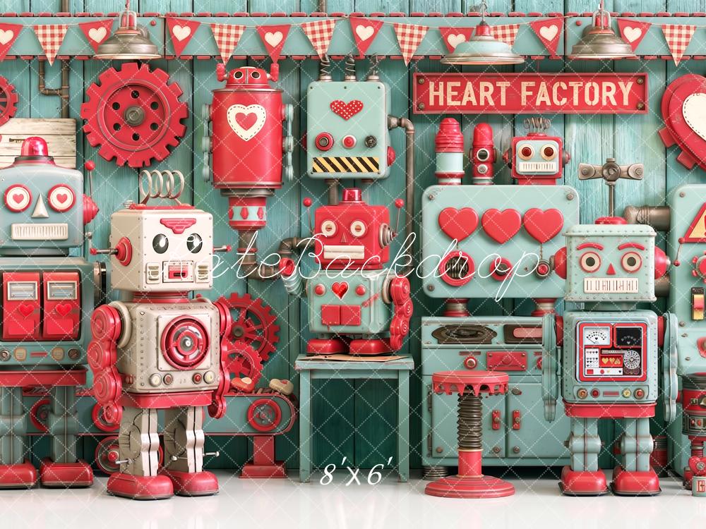 Kate Valentine's Day Robot Heart Factory Printed Backdrop Designed by Angela Miller