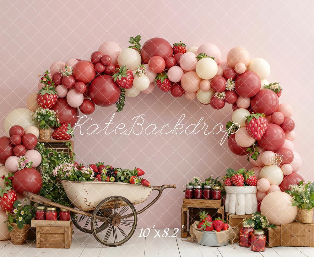 Kate Summer Strawberry Balloon Arch Wheelbarrow Crates Printed Backdrop Designed by Emetselch