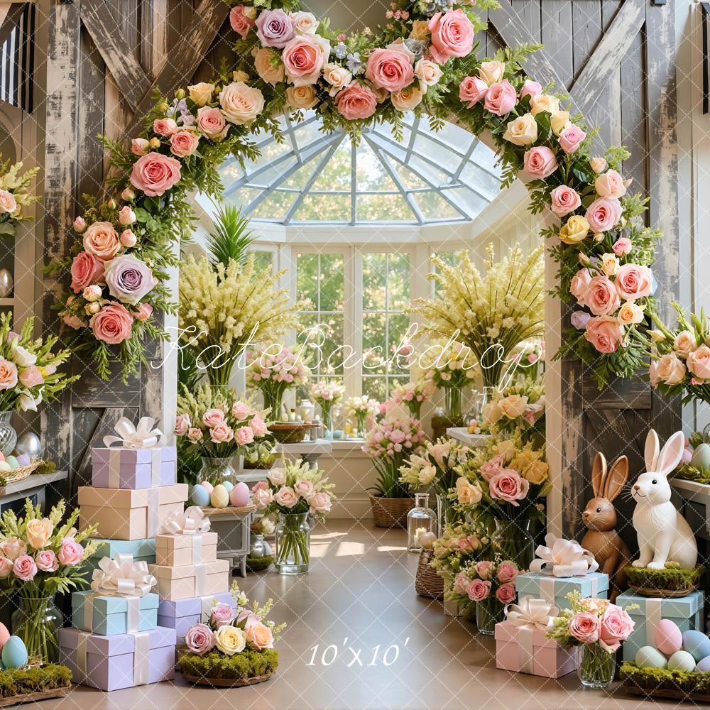 Kate Easter Bunny Flower Arch Pastel Eggs Printed Backdrop Designed by Mini MakeBelieve