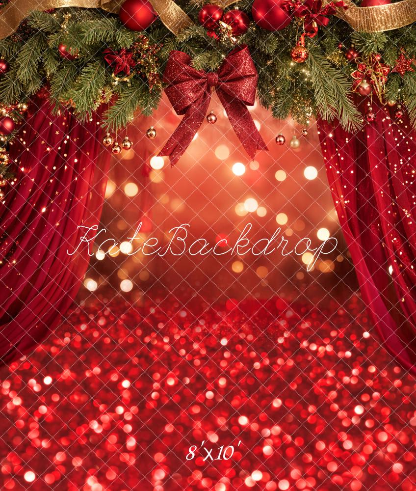 Kate Christmas Red Curtain Bokeh Garland Bow Backdrop Designed by Emetselch