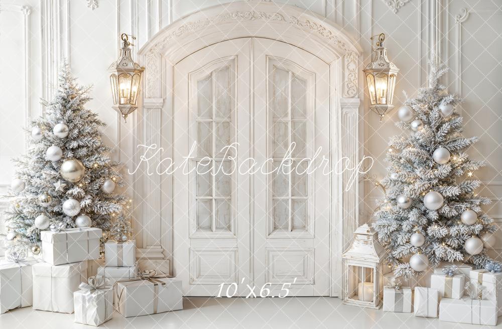 Kate Christmas White Door Frosted Trees Presents Lanterns Backdrop Designed by Emetselch