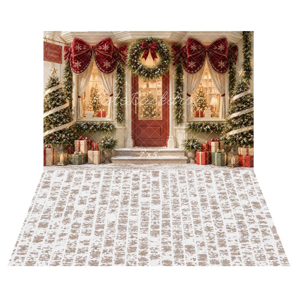 Kate Christmas Boutique Doorway Red Bow Wreath Garland Gift Boxes Printed Backdrop+Beige Cobblestone Snowy Floor Printed Backdrop