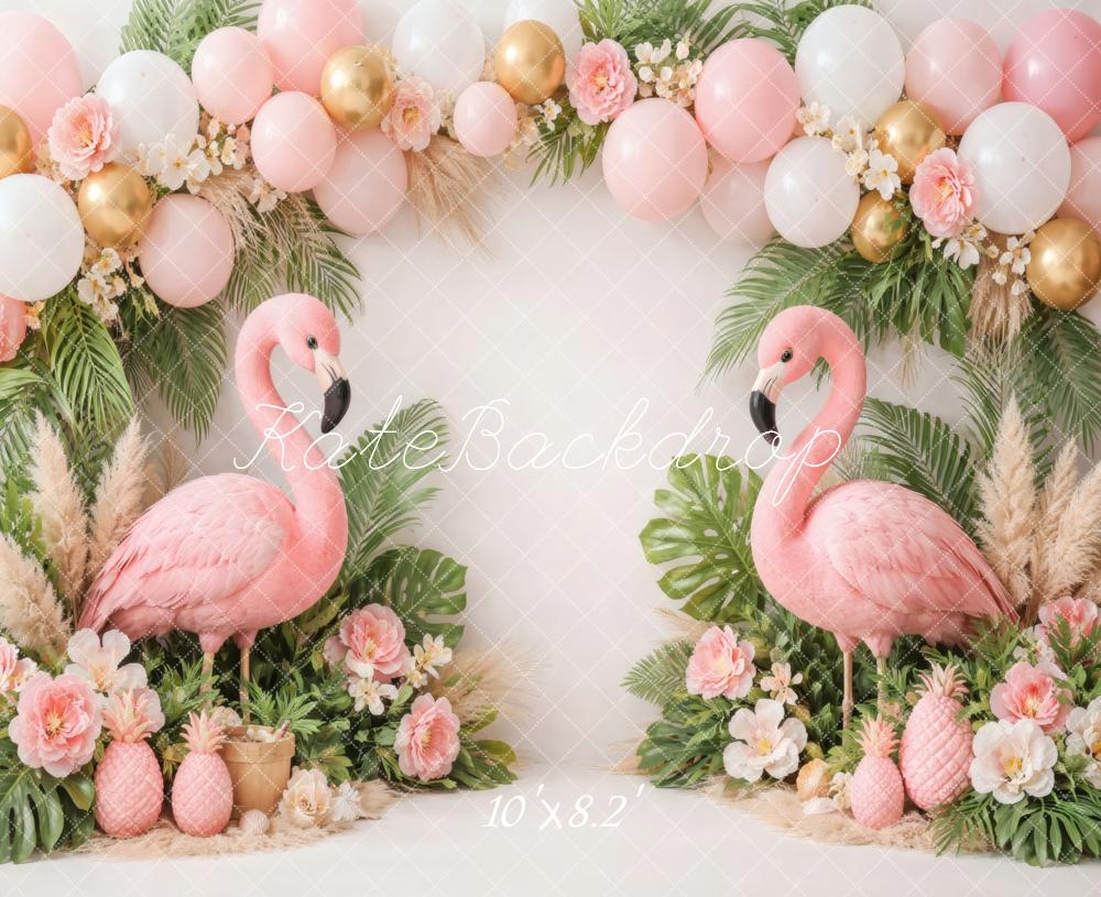 Kate Summer Flamingo Pink Balloons Tropical Greenery Pineapples Printed Backdrop Designed by Vertigo Productions