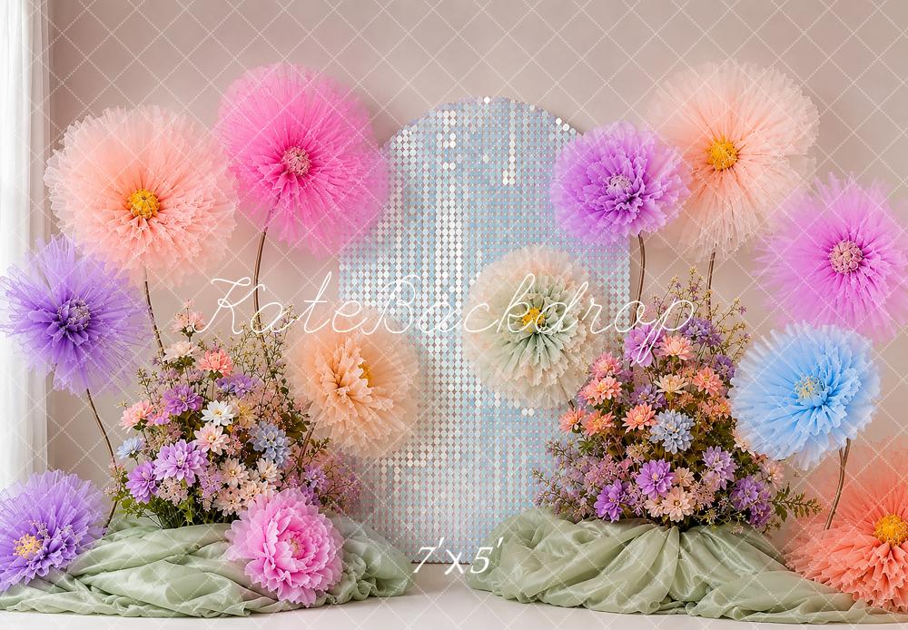 Kate Cake Smash Pastel Paper Flowers Sequin Arch Printed Backdrop Designed by Shutter Swan Studios