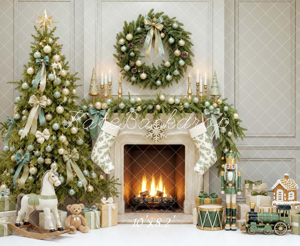 Kate Christmas Tree Fireplace Wreath Green Ribbon Printed Backdrop Designed by Mini MakeBelieve