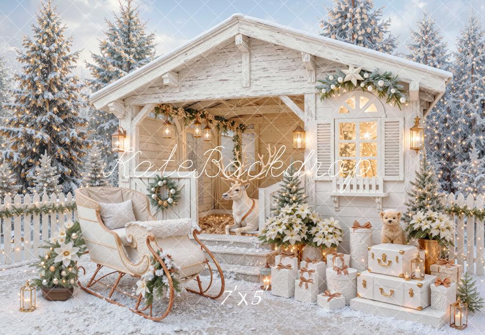 Kate Christmas Cabin Reindeer Sleigh Gifts Snowy Printed Backdrop Designed by Mini MakeBelieve