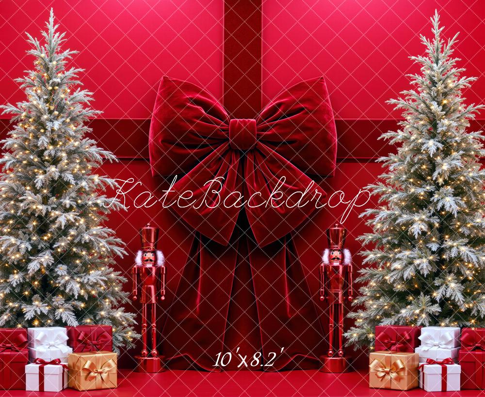 Kate Christmas Red Velvet Bow Christmas Trees Gift Printed Backdrop Designed by Mini MakeBelieve