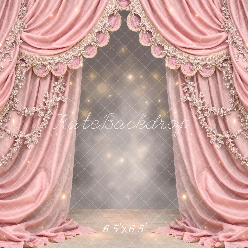 Kate Pink Draped Curtains with Floral Embellishments Printed Backdrop Designed by Mini MakeBelieve