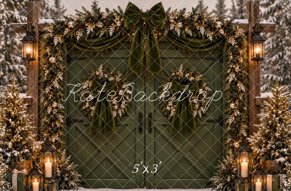 Kate Christmas Green Barn Door Garland Velvet Bow Snow Printed Backdrop Designed by Ashley Paul