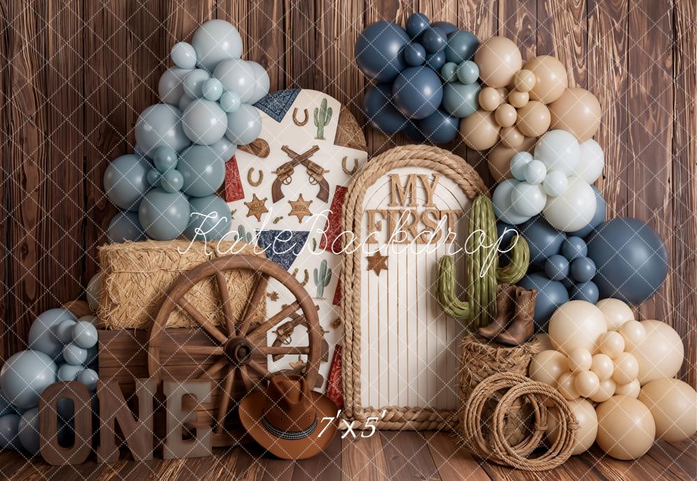 SALE Kate Western Cowboy Balloons Cactus Wagon Wheel Brown Wood Printed Backdrop Designed by Emetselch