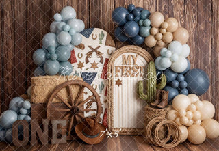 Kate Western Cowboy Balloons Cactus Wagon Wheel Brown Wood Printed Backdrop Designed by Emetselch