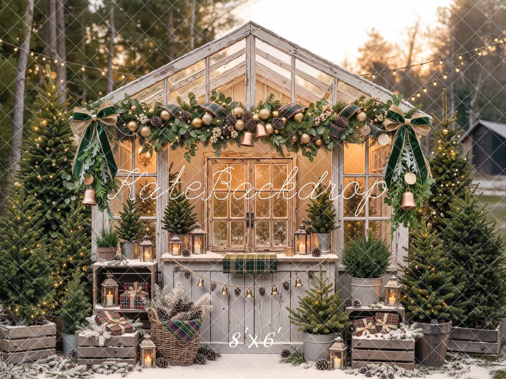 Kate Christmas Vintage Greenhouse Garland Pine Trees Printed Backdrop Designed by Emetselch