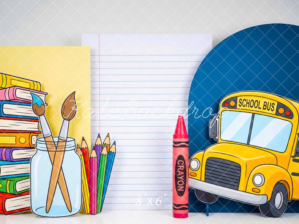 Kate Back to School School Bus Books Art Supplies Crayon Printed Backdrop Designed by Patty Roberts