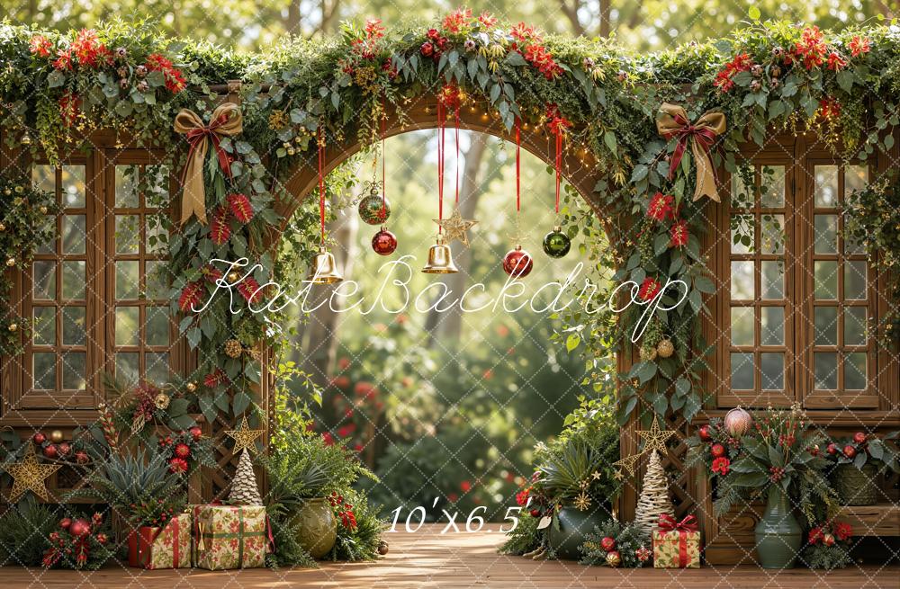 Kate Christmas Circular Arch Garland Garden Windows Presents Printed Backdrop Designed by Emetselch