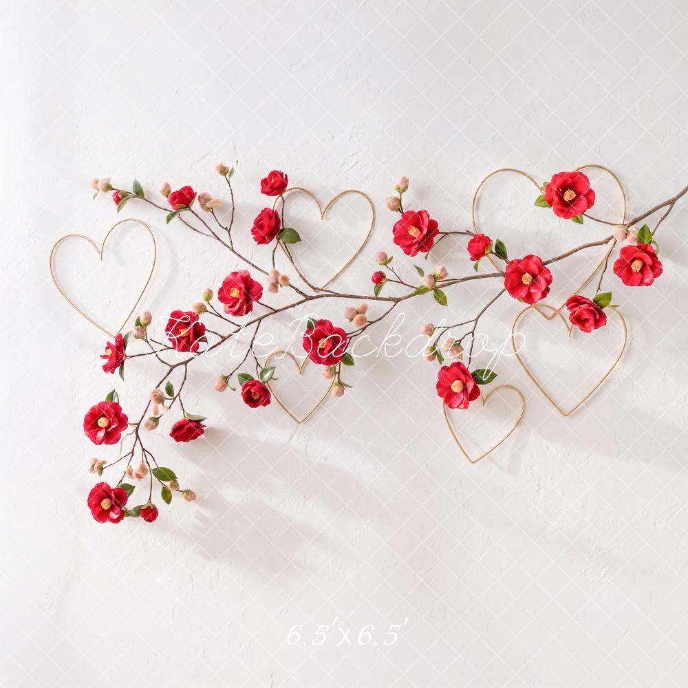 Kate Valentine's Day Red Flower Branch Gold Hearts Printed Backdrop Designed by Angela Miller