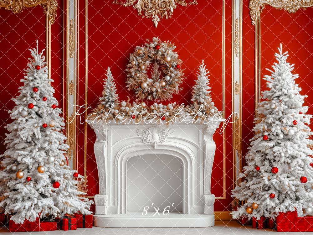 Kate Christmas White Frosted Trees Fireplace Red Wall Wreath Backdrop Designed by Patty Roberts