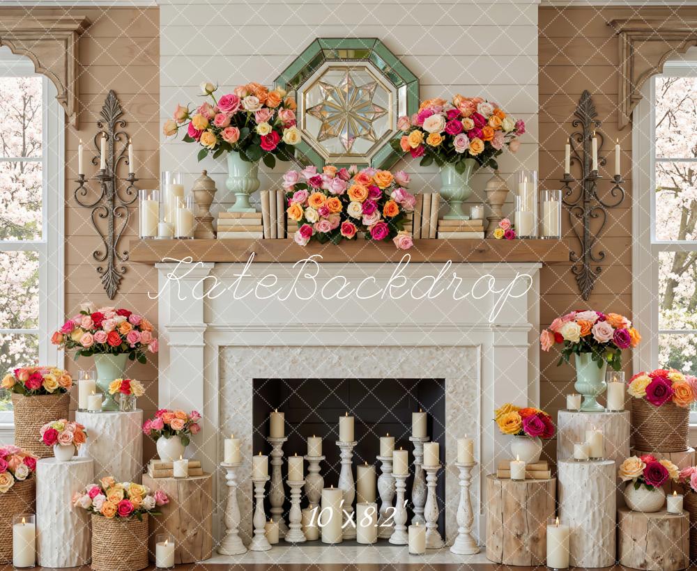 Kate Spring Fireplace Floral Roses Candles Printed Backdrop Designed by Mini MakeBelieve
