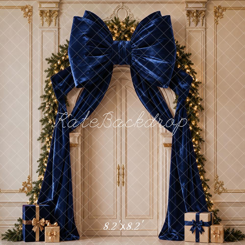 Kate Christmas Navy Velvet Bow Garland Arch Vintage Printed Backdrop Designed by Vertigo Productions