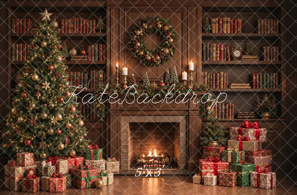 Kate Christmas Tree Fireplace Bookshelves Wreath Presents Printed Backdrop Designed by Emetselch