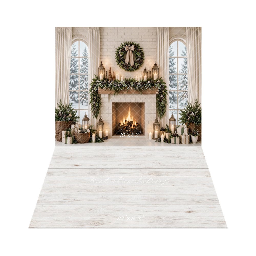 Kate Christmas Fireplace Wreath Garland White Curtains Printed Backdrop+White Wood Plank Floor Backdrop Printed Backdrop