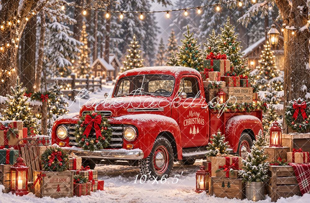 Kate Christmas Red Vintage Truck Gifts Snowy Village Printed Backdrop Designed by Emetselch