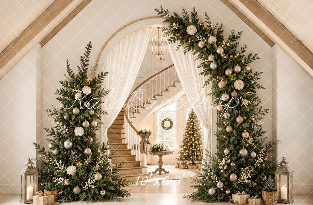 Kate Christmas Tree Arch Staircase Elegant Foyer Gable Roof Printed Backdrop Designed by Emetselch