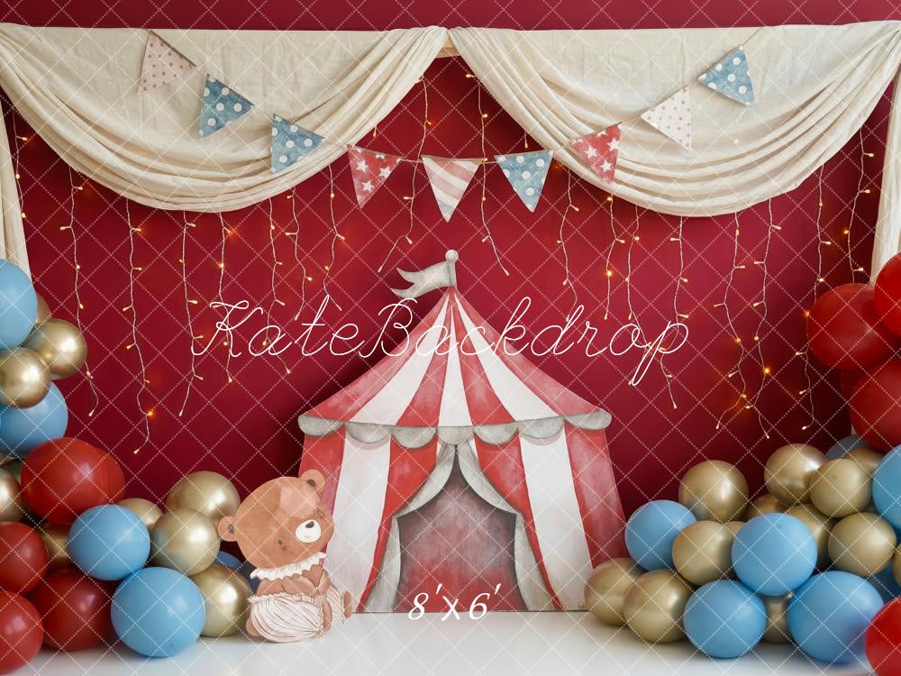 Kate Cake Smash Circus Tent Bear Balloons Red Printed Backdrop Designed by Patty Roberts