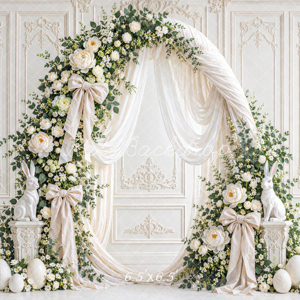 Kate Easter White Floral Arch Drapery Bow Bunny Vintage Printed Backdrop Designed by Mini MakeBelieve