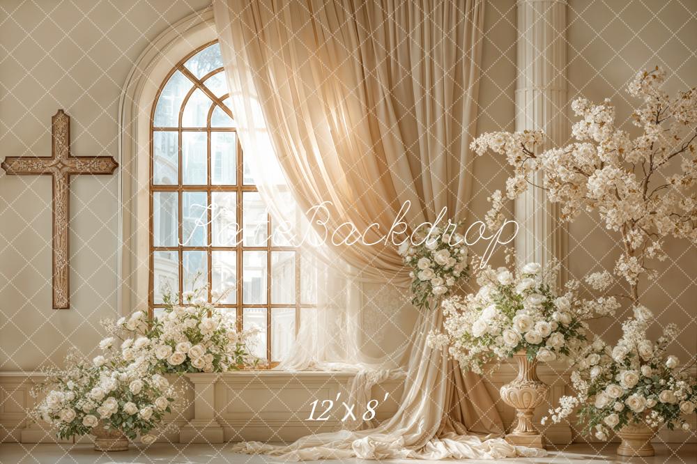 Kate Wedding Church Arched Window Cream Floral Column Backdrop Designed by Emetselch