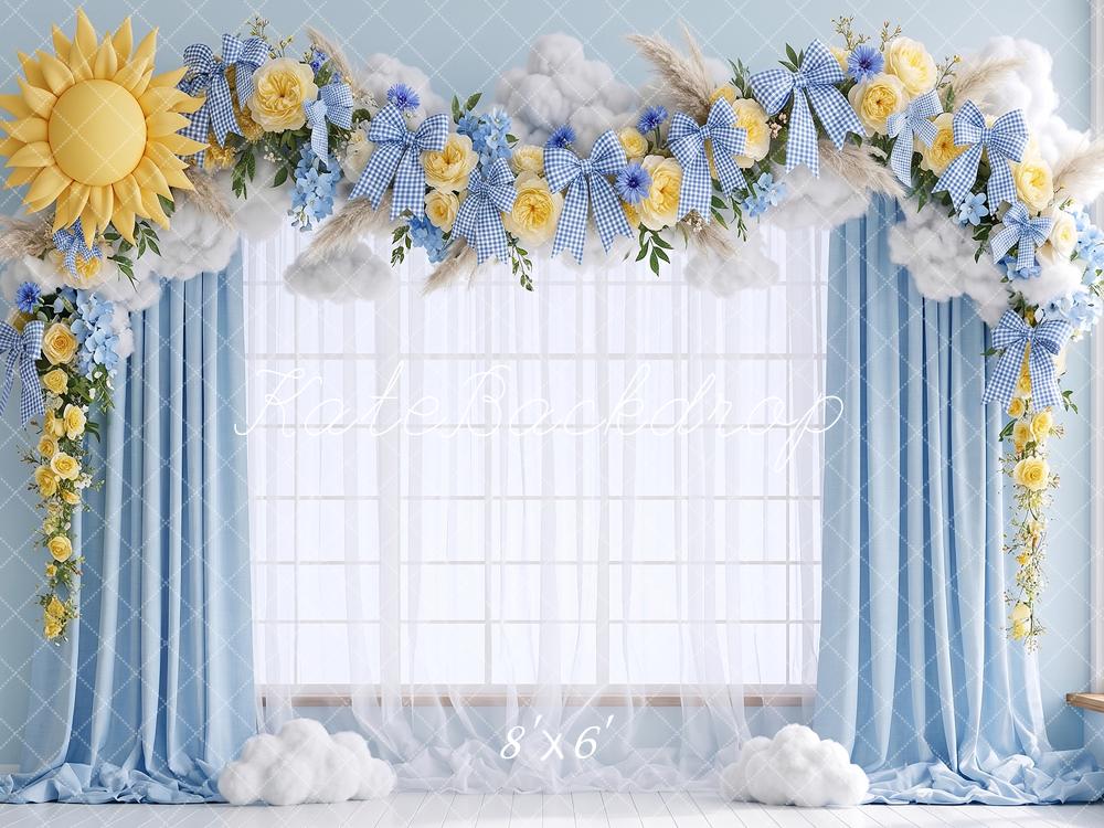 Kate Spring Floral Arch Blue Window Sun Clouds Gingham Bows Printed Backdrop Designed by Angela Miller