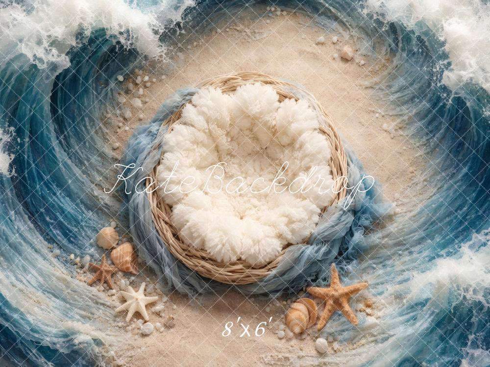 Kate Newborn Beach Ocean Waves Nest Seashells Floor Printed Backdrop Designed by Vertigo Productions