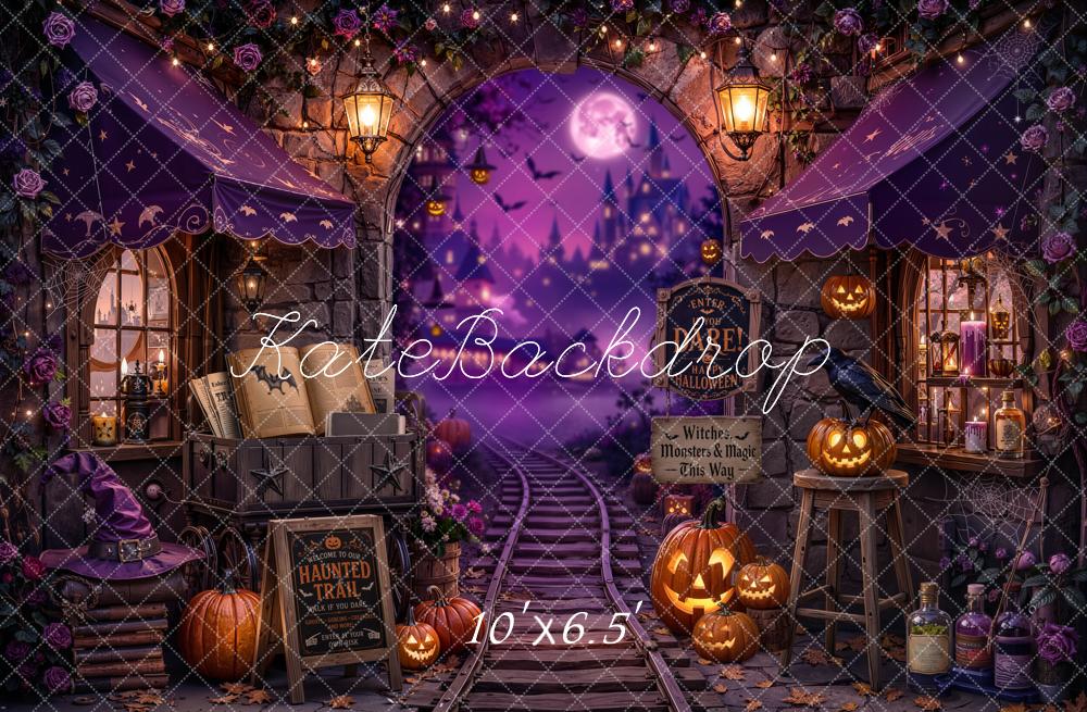 Kate Halloween Purple Haunted Train Station Witch Printed Backdrop Designed by Chain Photography