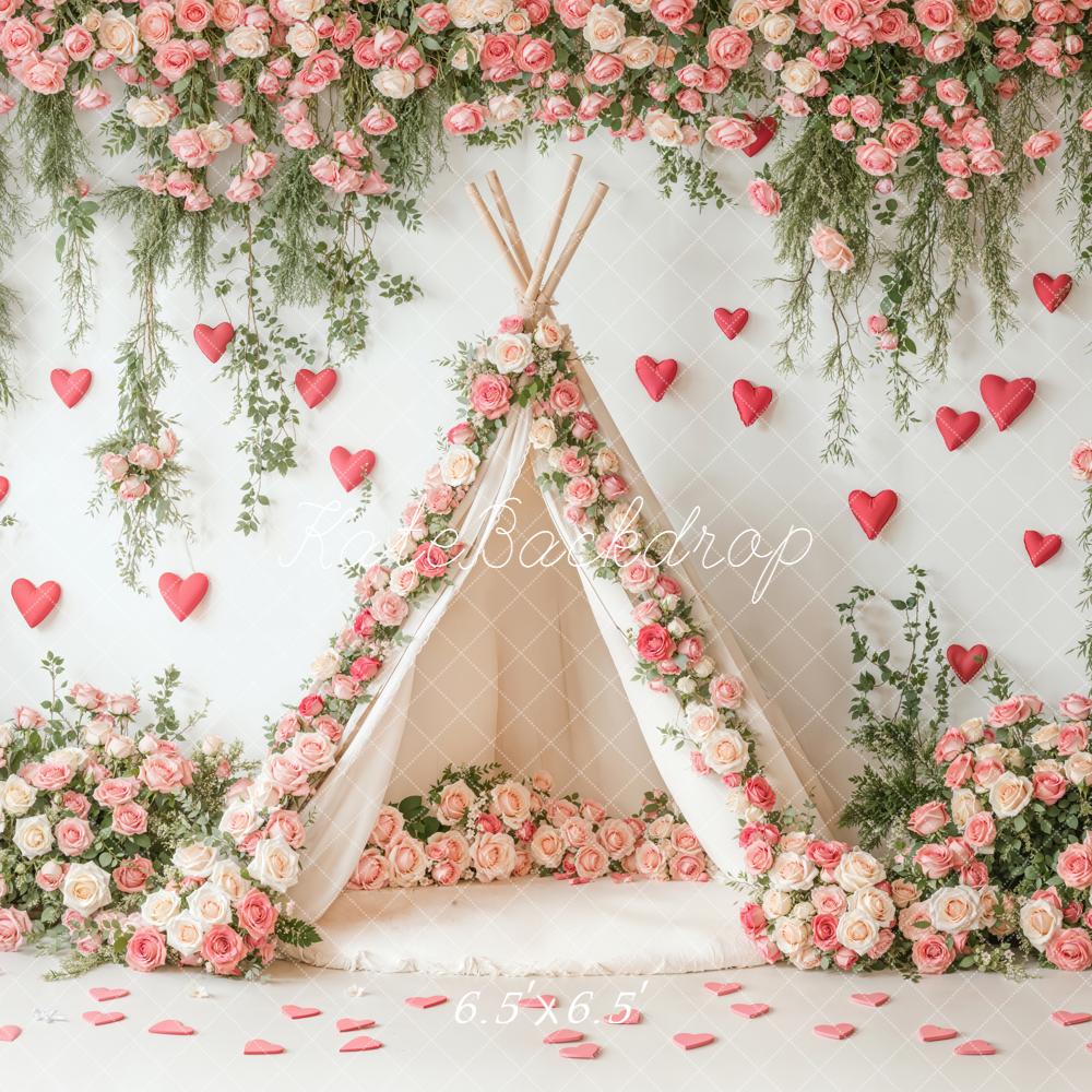 Kate Valentine's Day Floral Teepee Pink Roses Hearts Backdrop Designed by Emetselch