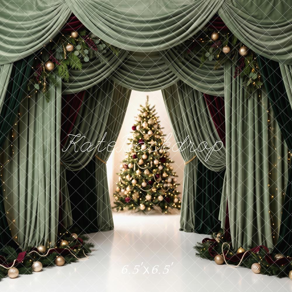 Kate Christmas Green Curtains Drapery Christmas Tree Printed Backdrop Designed by Patty Roberts