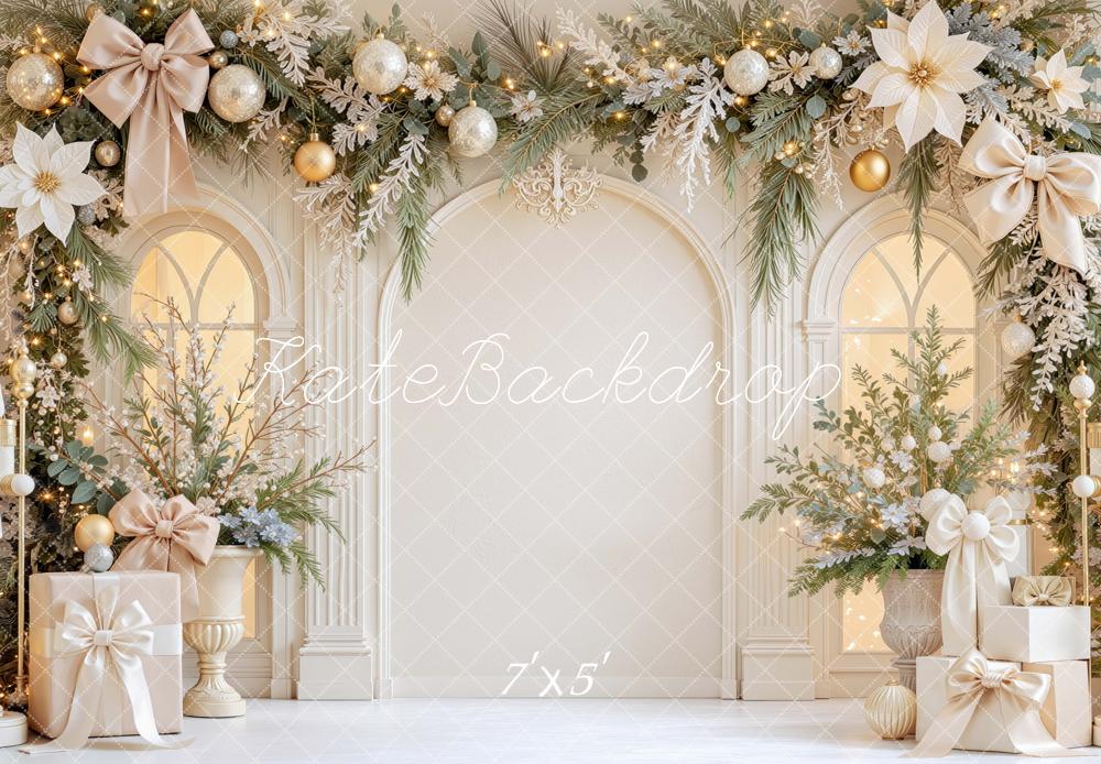 Kate Christmas White Gold Arch Poinsettias Garland Gifts Printed Backdrop Designed by Mini MakeBelieve