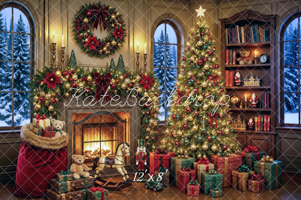 Kate Christmas Fireplace Tree Bookshelf Gifts Printed Backdrop Designed by Mini MakeBelieve