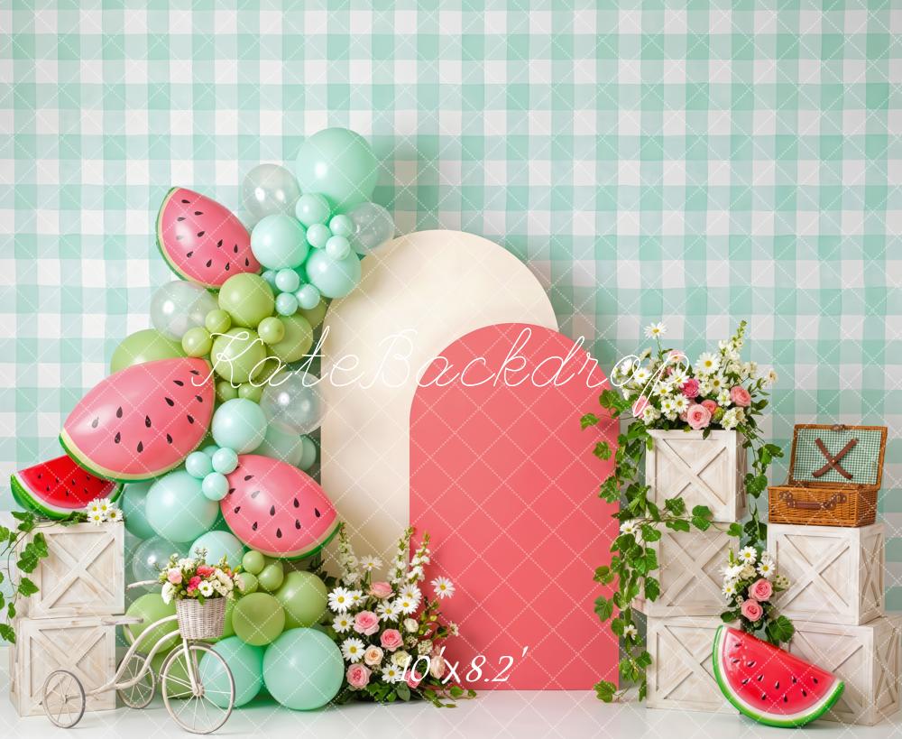 Kate Cake Smash Summer Mint Green Watermelon Balloon Arch Printed Backdrop Designed by Patty Roberts
